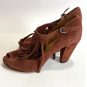 Coclico Plath Suede Fringe Heels Brown Peep Toe‎ Ankle Strap Womens US 7
